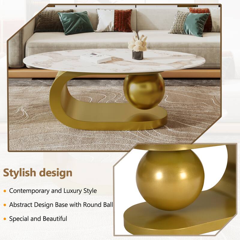 Roomfitters Modern Oval Coffee Table, Marble Pattern Sintered Stone Center Table, Luxury Living Room Accent Table Gold