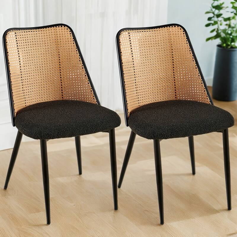 Rattan Dining Chairs Set of 2,Boucle Chairs with Natural Cane Back, Upholstered Dining Room Kitchen Chair