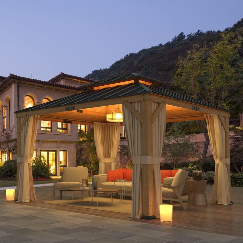 Hardtop Wood Gazebo for Patio, Outdoor Cedar/Spruce Pergola with Metal or Asphalt Roof, All-Weather Backyard Shelter