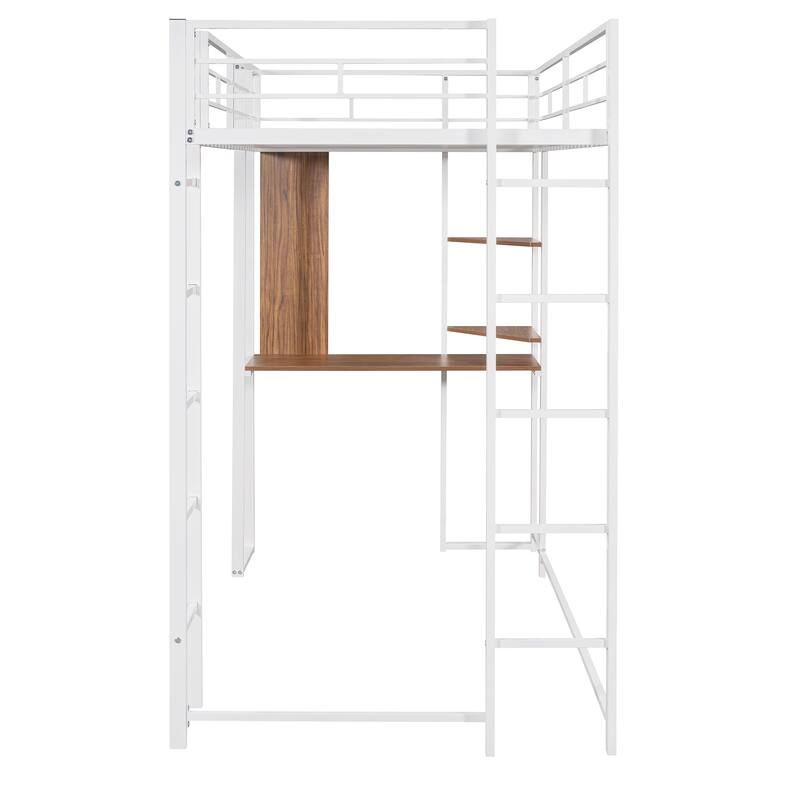 Twin Size Metal Loft Bed with Desk and 2 Shelves, White Finish, Sturdy Frame