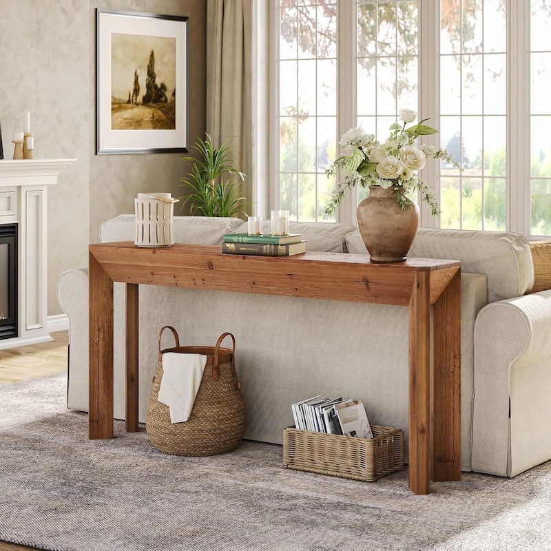 63" Farmhouse Solid Wood Console Table with Integrated Splayed Legs for Living Room, Entryway - Brown