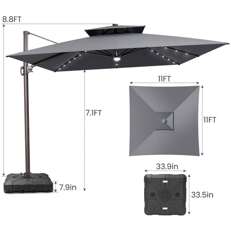 11 FT Solar-Powered LED Patio Cantilever Umbrella with Double Canopy and Base