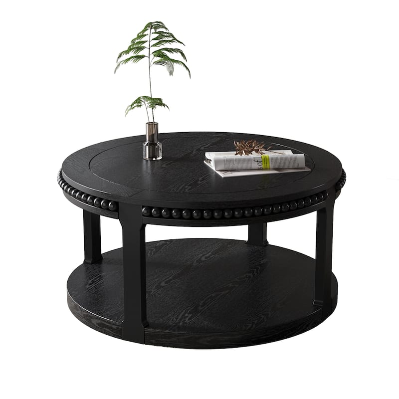 Medieval-Style Round Coffee Table with 2-Tier Storage Shelf and Wood-Grain Tabletop, for Living Rooms, Black