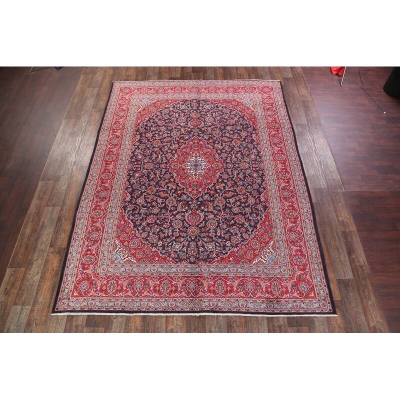 Hand Knotted Oriental 100% Wool Carpet Traditional Floral Navy Blue & Blues Mashad Area Rug - 12' 7'' X 9' 7''