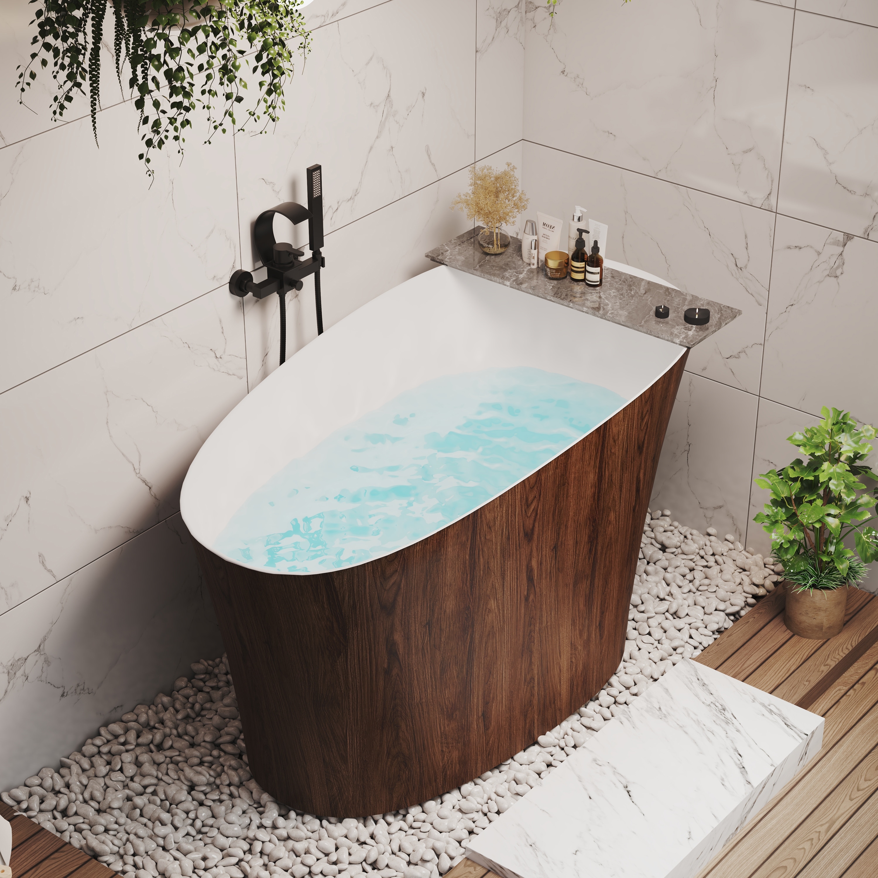 51 in. Solid Surface Freestanding Deep Soaking Bathtub with Built-In Seat, Right Drain, Matte White with Wood Grain Pattern