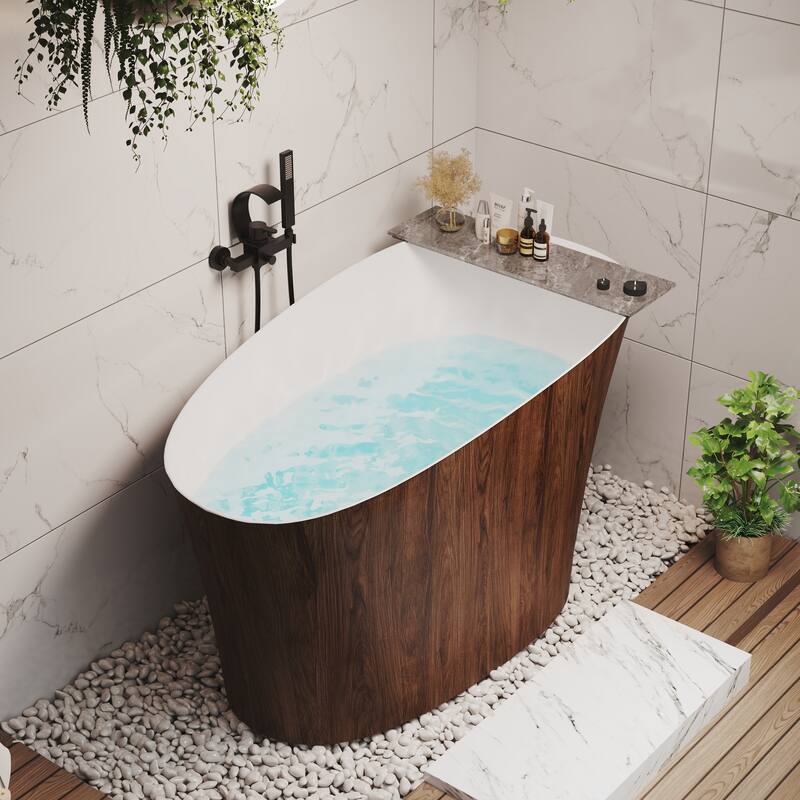 51 in. Solid Surface Freestanding Deep Soaking Bathtub with Built-In Seat, Right Drain, Matte White with Wood Grain Pattern