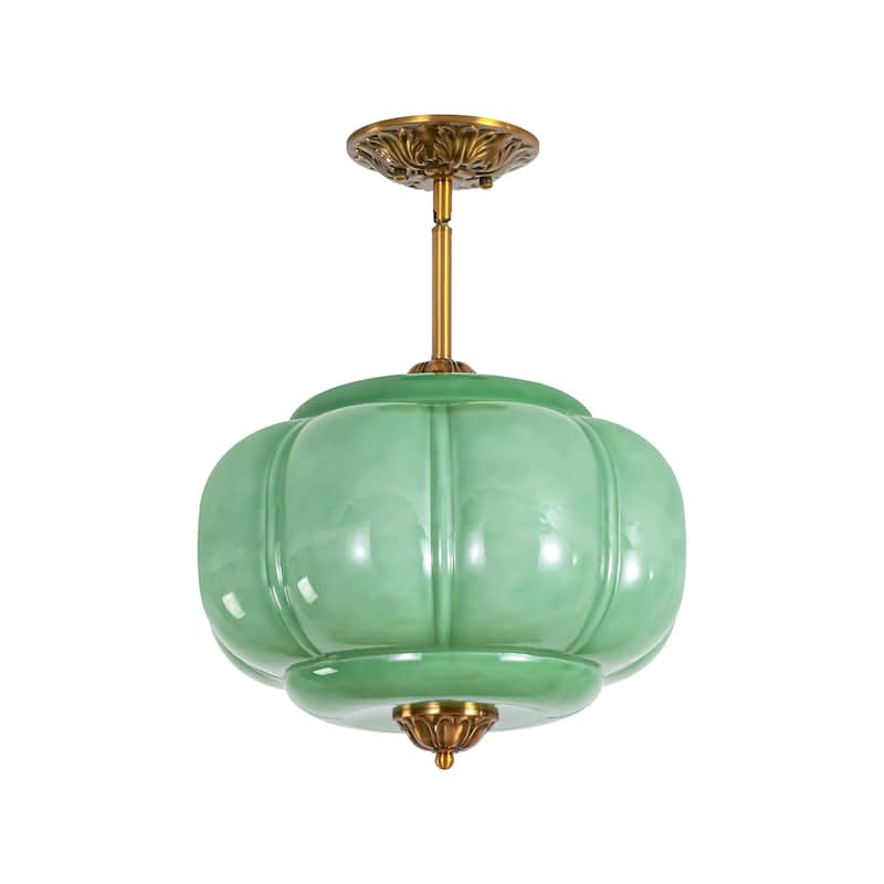 1-Light Retro Antique Brass Pumpkin Shaped Flush Mount Ceiling Light/Pendant Light with Milk/Green Glass for Kitchen,Dining Room