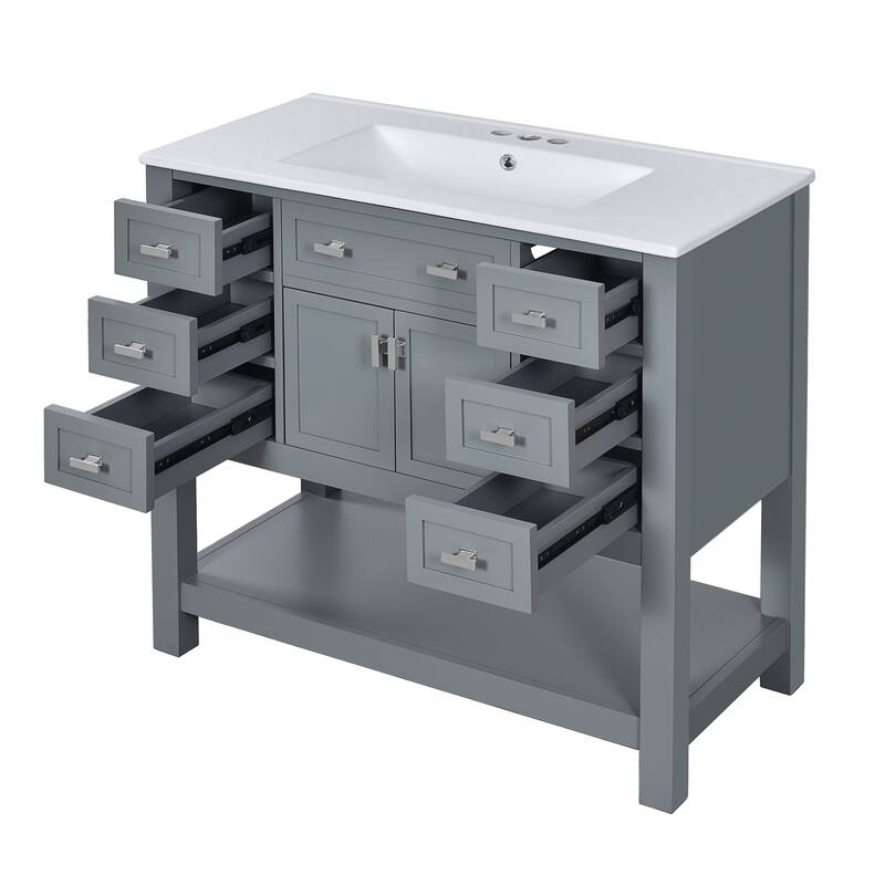 Bathroom Vanity with Sink, Freestanding Bathroom Storage Cabinet, Bathroom Vanities with 2 Doors, 6 Drawers & Open Shelf