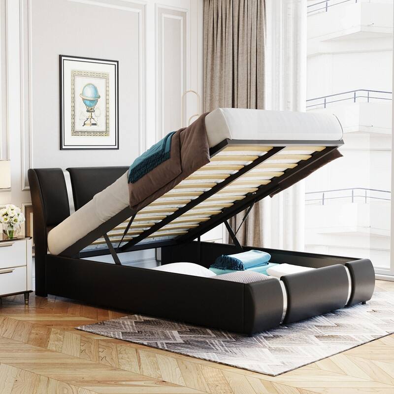 Upholstered Full Size Platform Bed with Hydraulic Storage System, Faux