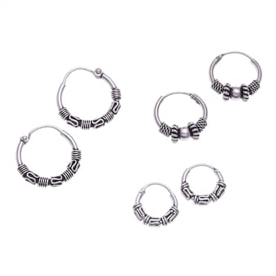 NOVICA Thai Intricacy, Sterling silver hoop earrings (set of 3) - 0.6*0.6