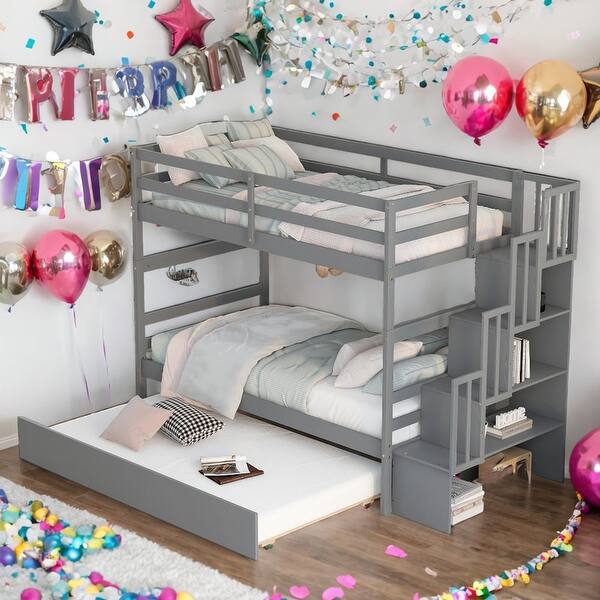 slide 2 of 14, Twin over Twin Bunk Beds With Twin Trundle and Stairway Storage for Home Grey