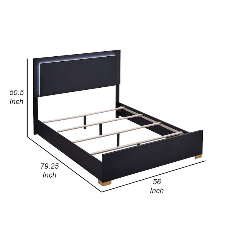 Dex Full Size Bed with LED Framed Headboard, Black Wood Finish, Gold Legs