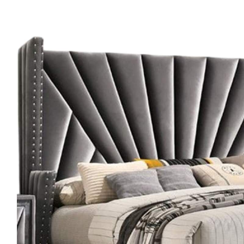Ino Queen Size Bed w Wingback Headboard, Gray Fabric Upholstery