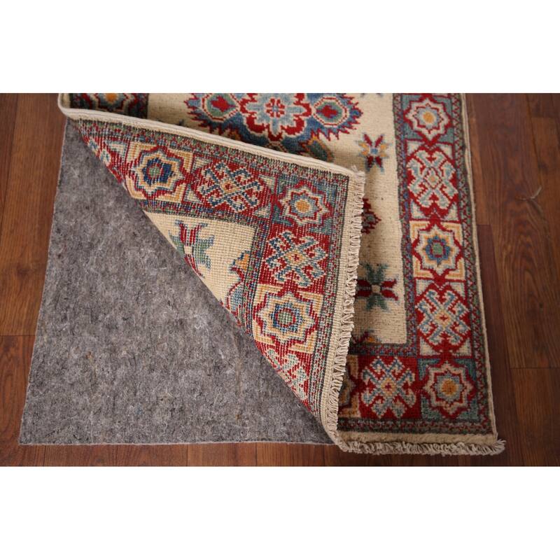 Geometric Kazak Foyer Rug Hand-Knotted Beige Wool Carpet - 1'11" x 2'11"