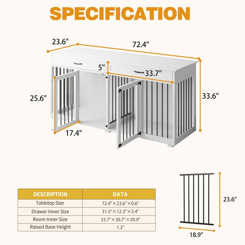 72.4 Inch Wooden Large Furniture Dog Crate with Drawers & Divider