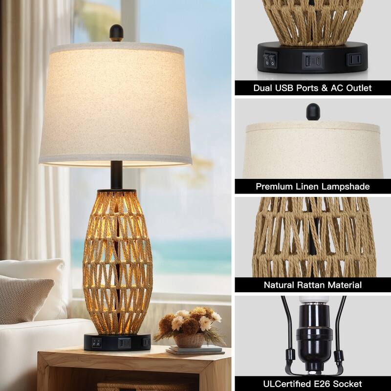 27'' Table Lamps with USB-C Charging, Dual Lighting(Set of 2) - 12.5'' x 12.5'' x 27''
