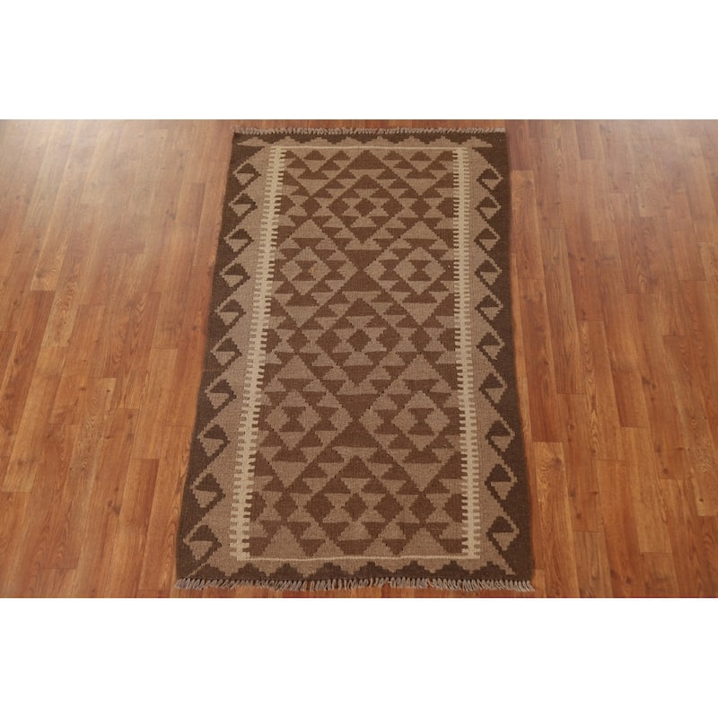 Flat-weave Kilim Rug Oriental Brown Wool Carpet - 3'1" x 5'1"