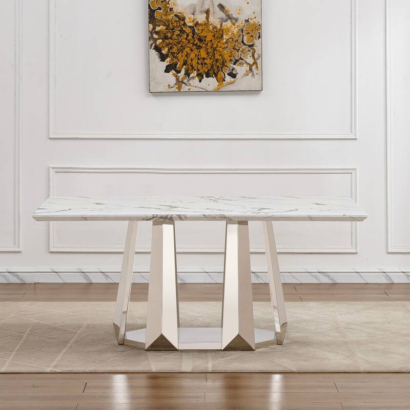 70'' Rectangle Faux Marble Dining Table with Mirrored Finish Stainless Steel Base - Silver+White