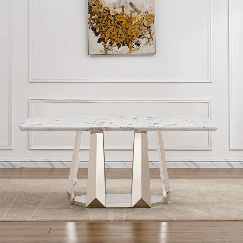 GDFStudio - Rose Series 70'' Rectangle Faux Marble Dining Table 6 People with Modern Large Size - Silver+White