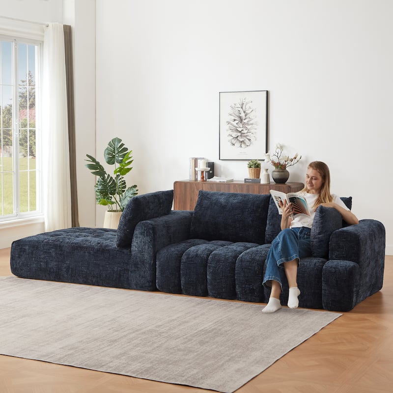 Set of 2 Chaise Lounge, Chenille L-shaped Sectional Sofa with Pillows