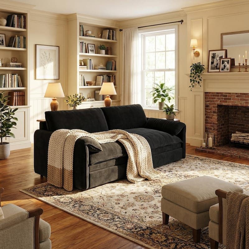 Homy Casa 66" Queen Pull-Out Sofa Bed with Storage, Velvet Loveseat - Black