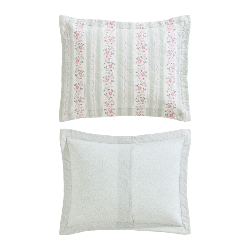 Laura Ashley Rosebud Stripe Cotton Reversible Green Quilt Set