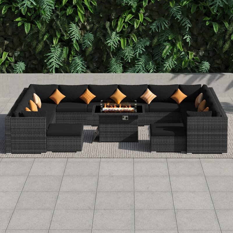 FINCATI 15-Piece Grey Wicker Patio Conversation Sofa Set with Ottomans, 43″ Fire Pit Table