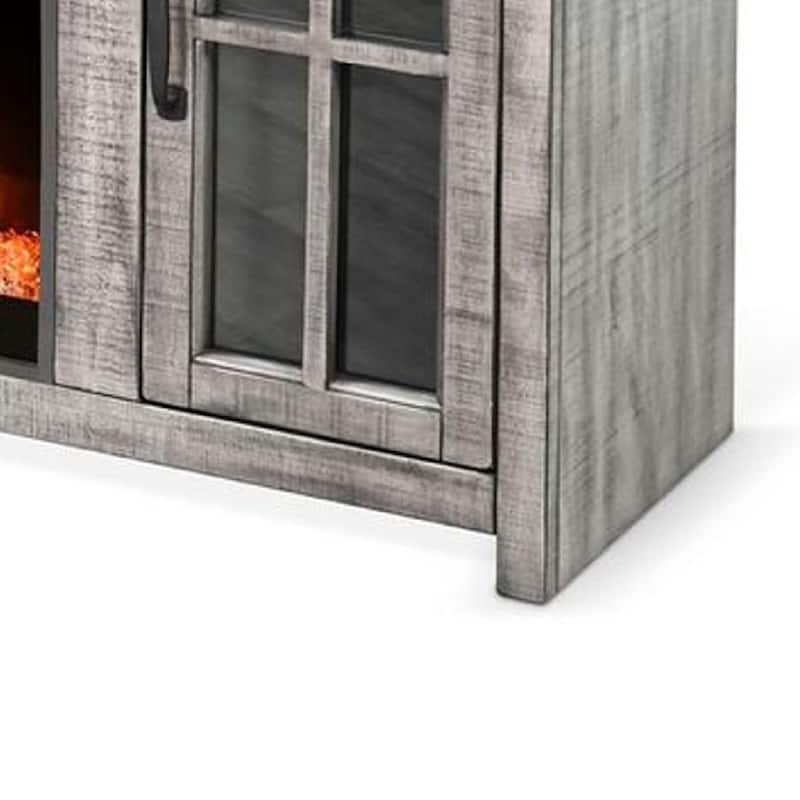 Gery TV Console w Crystal Fireplace, 76 Inch, 2 Cabinets, Gray Brown Mahogany