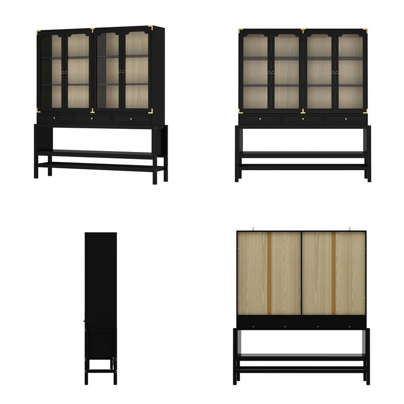 Bookshelves Black Display Cabinet with Glass Doors, Wood Grain Back, Metal Corner Accents - 66.1"x74.8"