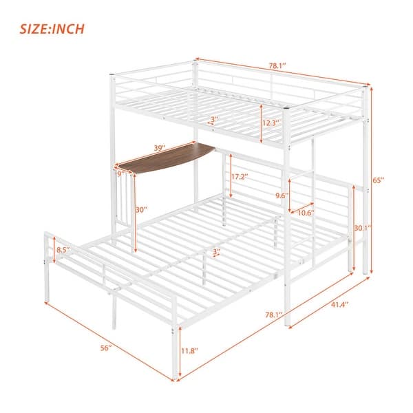Twin Over Full Bunk Bed with Desk, Metal Bed with Ladder, Kid's Bed with Quality Slats for Bedroom, Metallic White