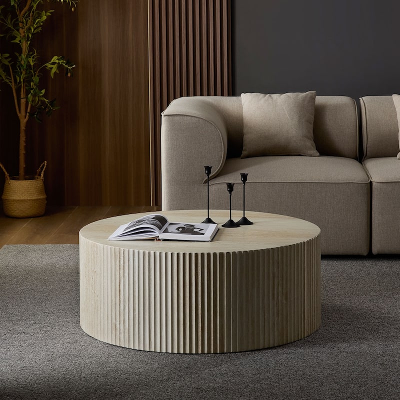 Faux travertine Round Coffee Table with Eye-Catching Relief Design, Travertine
