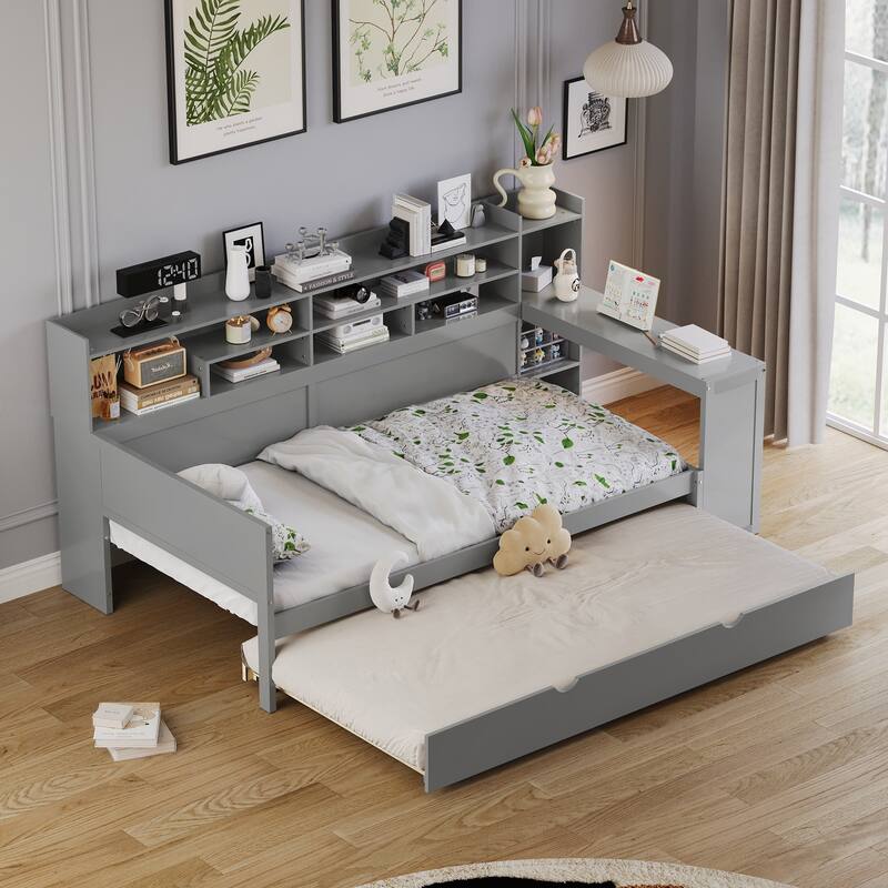 Multi-functional Wooden Full Size Daybed with Twin Size Trundle Bed and Study Desk