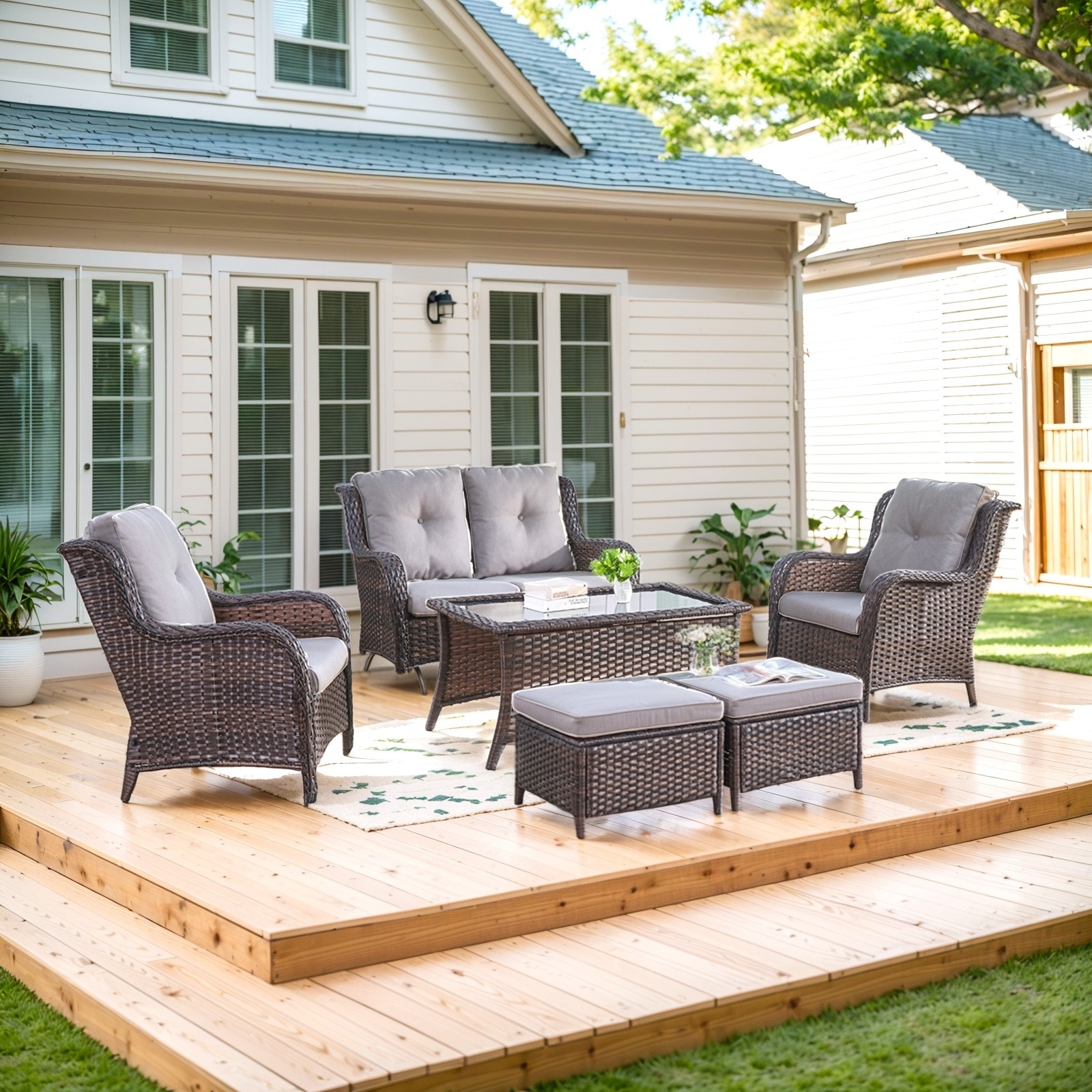 2 Patio Chair with Glider Sofa and Ottomans - Grey cushion - Brown