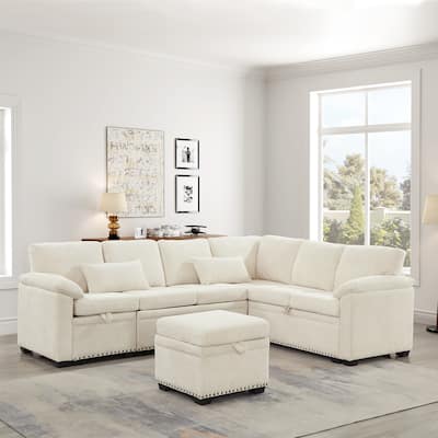 97 Inch L-Shaped Sectional Sofa with Storage Ottoman, Chenille, 7 Seats, Beige