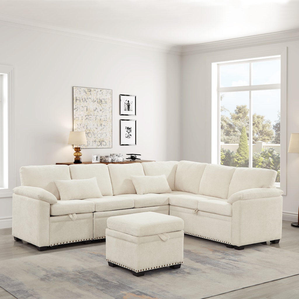97 Inch L-Shaped Sectional Sofa with Storage Ottoman, Chenille, 7 Seats, Beige