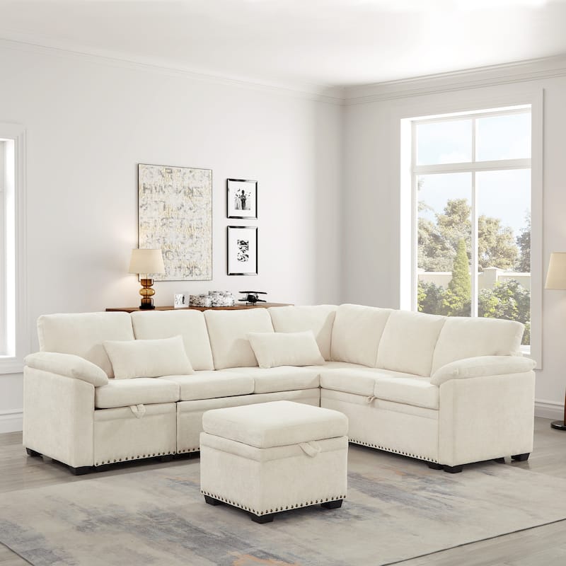 Corner Sectional Sofa with Pull Out Chaise Lounge and Pillow Top Arms, Chenille Sleeper Couch with Storage Seat and Ottoman