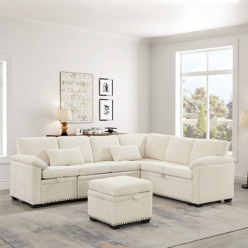 L-Shaped Corner Sectional Sofa with Seat and Storage Ottoman, Chenille Sofa Bed with 2 Pillows for Living Room Sleeper Couch - Beige