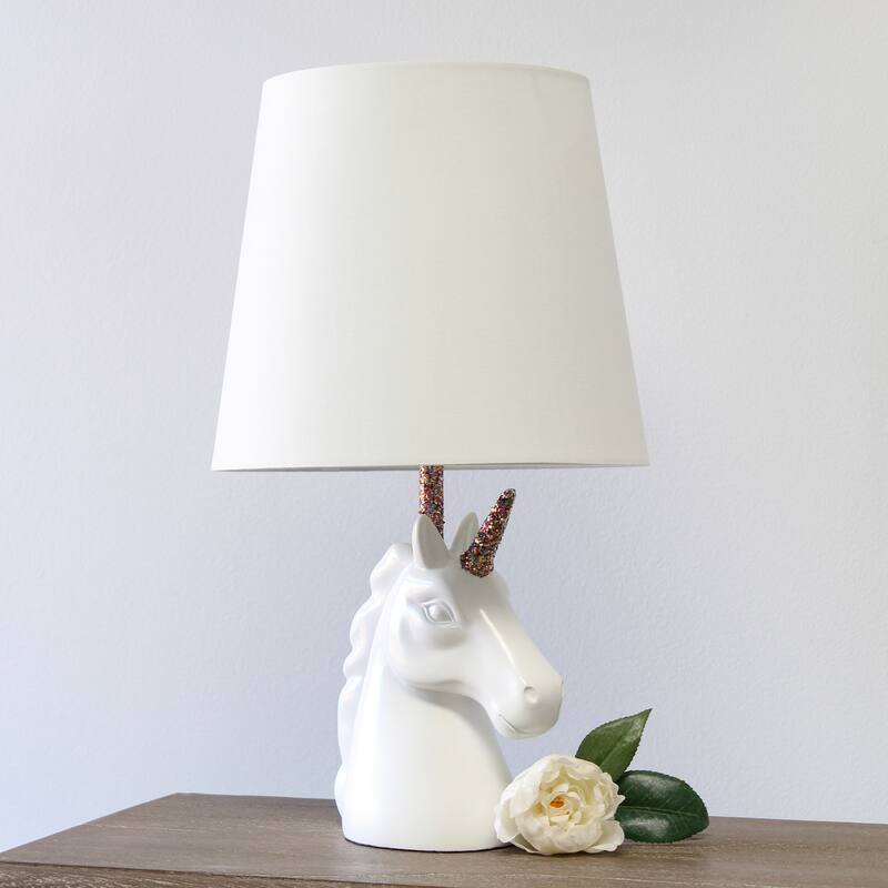 16 in. White and Rainbow Finish Unicorn Base Table Lamp with White Shade, Childern's Bedroom Lamp