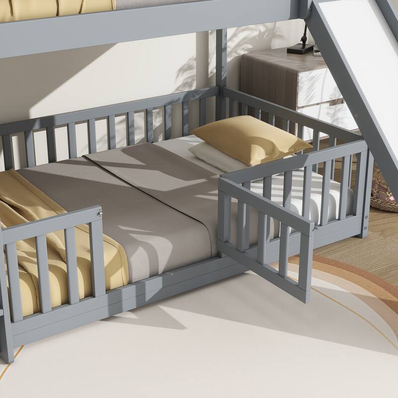 Twin Over Twin Low Pine Wood Bunk Bed with Guardrails, Slide and Ladder for Kids, No Slats Toddler Floor Bed with Fence and Door