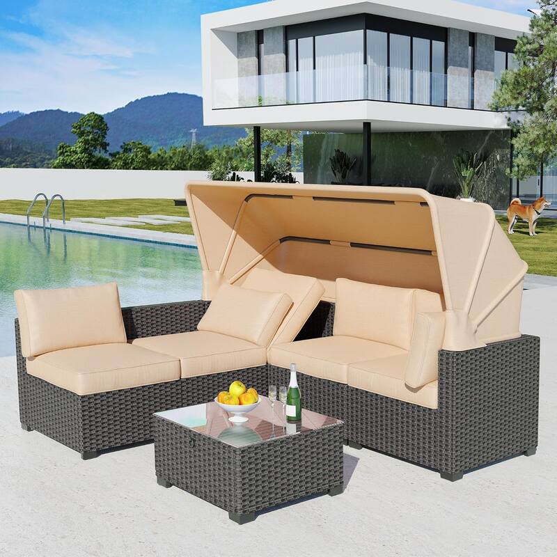 6 Pieces Patio Furniture Set, Wicker Patio Furniture Sofa with Retractable Canopy