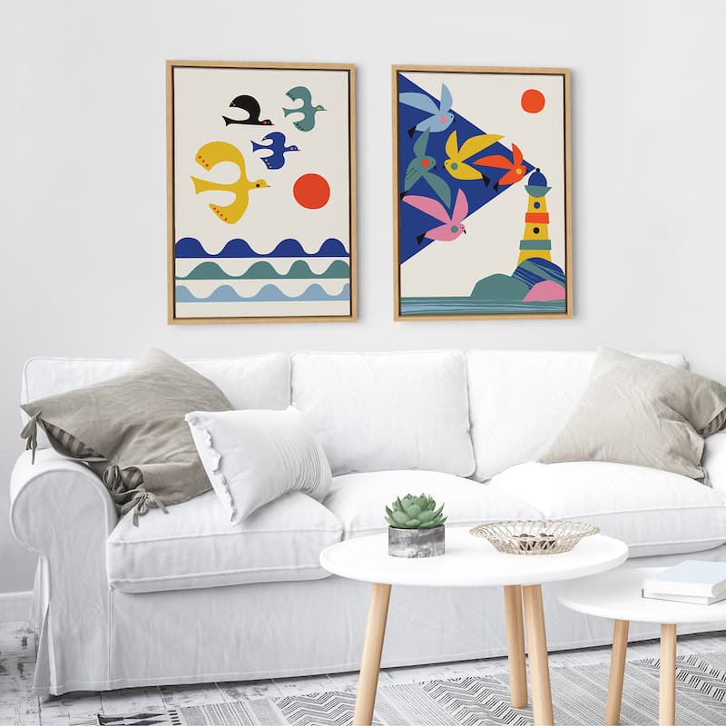 Kate and Laurel Sylvie Lighthouse Birds Framed Canvas by Rachel Lee