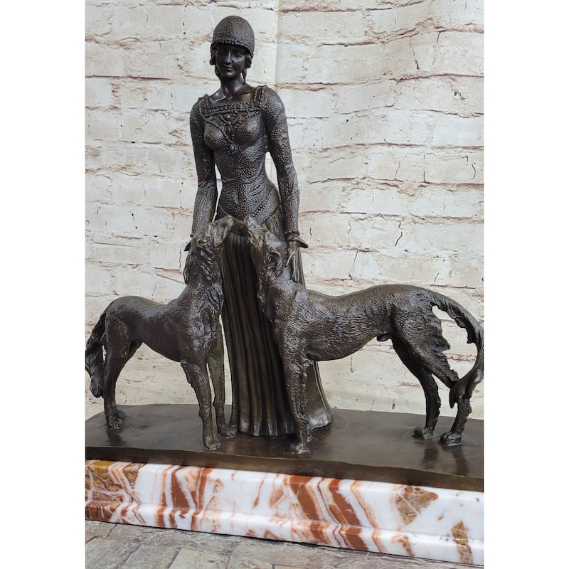 Lady With 2 Dogs Afghan Hounds Chiparus Art Deco Bronze Statue Sculpture 18 Inches X 6 Inches