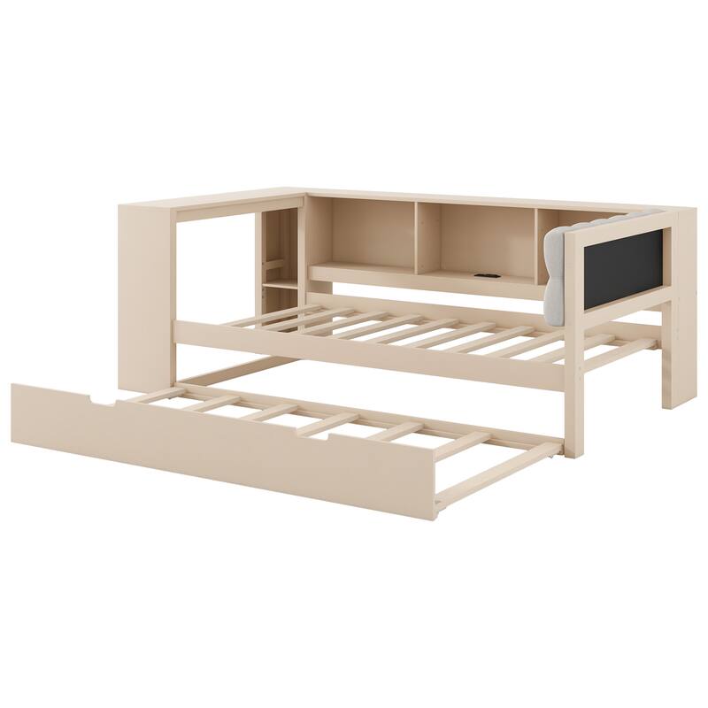 Upholstered Sofa Bed, Wood Daybed, L-shaped Bed Frame with Desk, Shelves, Charging Station, and Optional with Trundle or Drawers