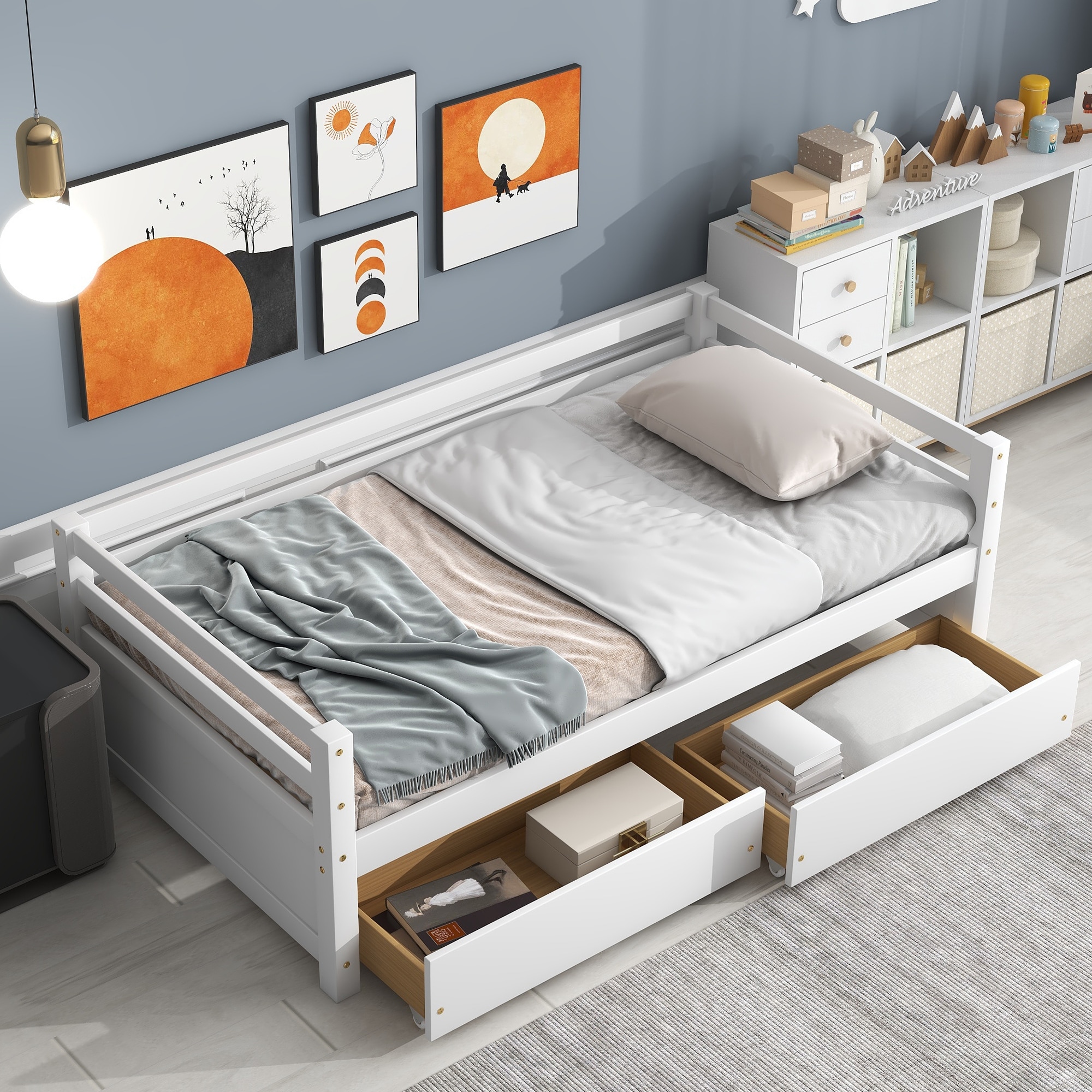 Daybed Modern Bedroom Wood Frame Single Bed with Two Storage