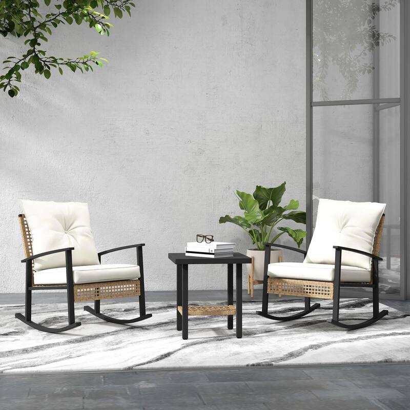 3-Piece Wicker Set, Rocking Chairs with Tufted Cushions,Coffee Table - White