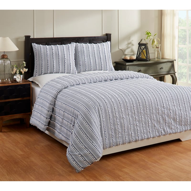 Better Trends Angelique Comforter Set 100% Cotton Tufted Soft Plush Chenille Elegant Stripes Machine Washable & Tumble Dry - Navy - King