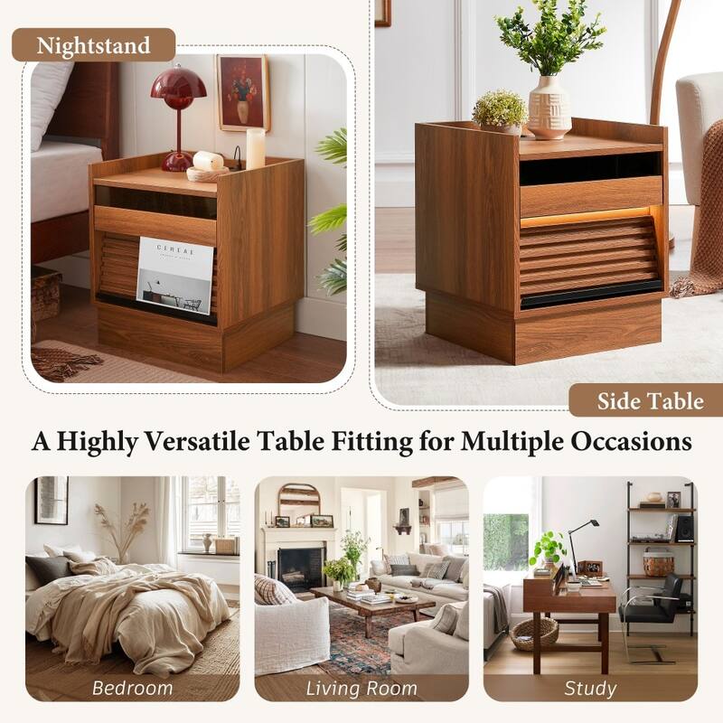 Mid Century Modern Nightstand with Charging Station and LED lights, 2 Drawers for Living Room
