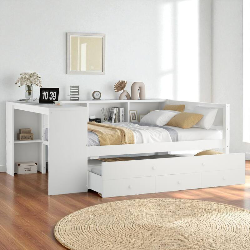 Twin/Full Size Wood Daybed with Trundle, Storage Drawers, Shelves and Built-in Desk, No Box Spring Needed