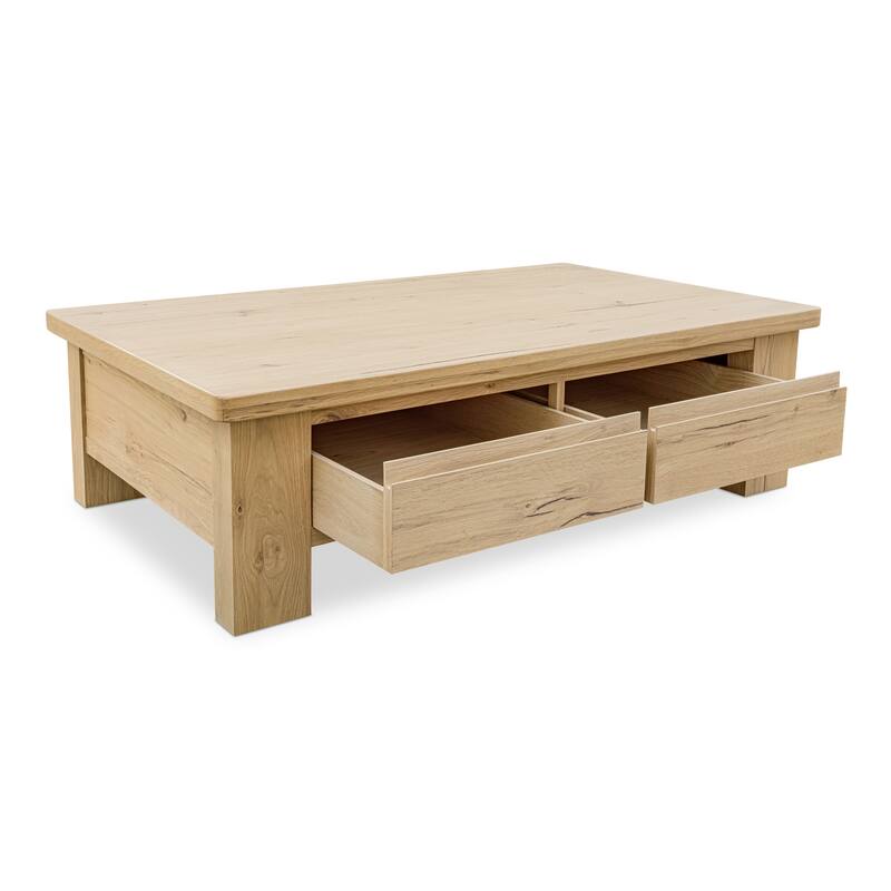 NADAAL STUDIOS Mareth Coffee Table, Rectangular Rustic Oak Top with Rounded Edge, Solid Oak Legs Dual-Sided Drawers, Natural