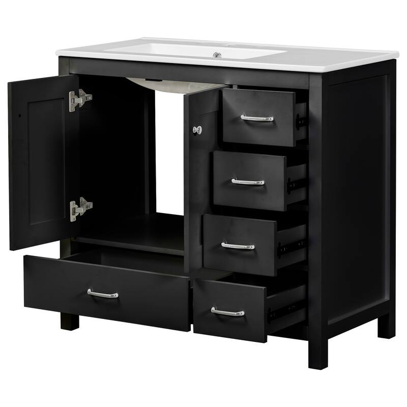 Bathroom Vanity with Ceramic Sink, Abundant Storage Cabinet with 2 Soft Close Doors and 5 Drawers and Delicate Silver Handles